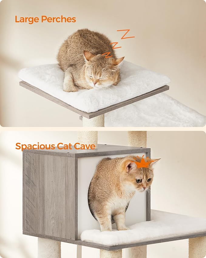 Feandrea Cat Tree, 56.3-Inch Modern Cat Tower, Multi-Level Plush Condo with Scratching Posts, Hammock, Washable Cushion, Heather Greige UPCT164G01 - Image 7