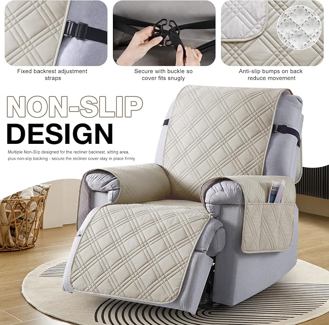 TAOCOCO 100% Waterproof Recliner Chair Cover, Small Recliner Covers for Recliner Chair with Pocket, Non Slip Reclining Chair Cover Furniture Protector for Kids, Pets(20'', Cream) - Image 6