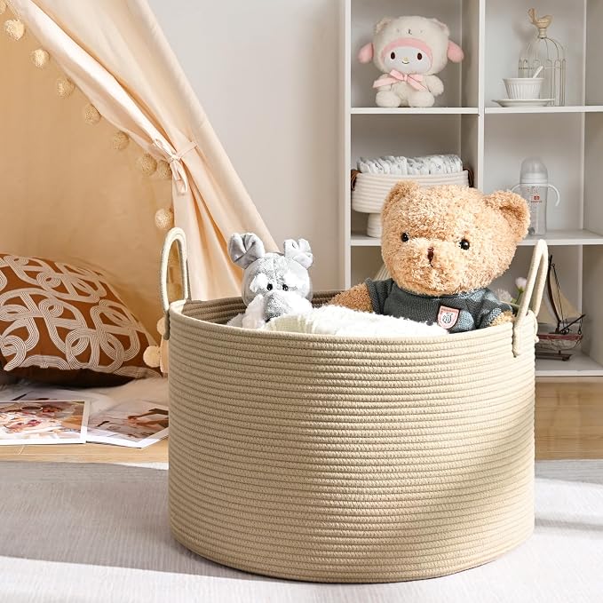 67L Large Woven Blanket Basket, Cotton Rope Baby Laundry Hamper with Handles, Kids Toy Basket for Classroom & Nursery, Soft Round Stuffed Animal Storage, Dog Toy Bin - 20"x13", Brown - Image 4