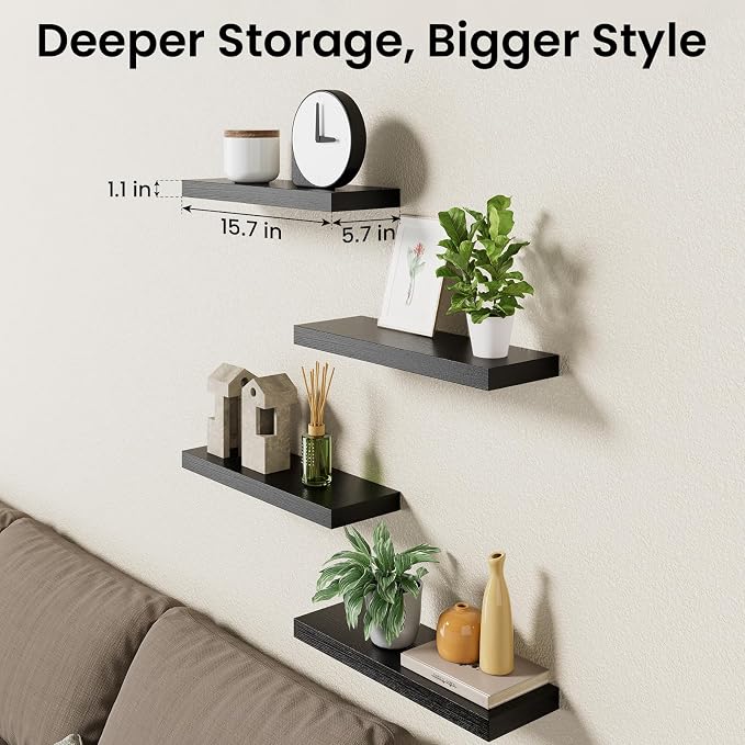 BAYKA Black Floating Shelves 15.7in, Set of 4, Wall Mount Rustic Wood Shelf | Easy Install, 22lbs Max Load, Hidden Bracket, Hanging Shelf for Books/Storage/Room Decor, Multi-Wall Compatible - Image 8