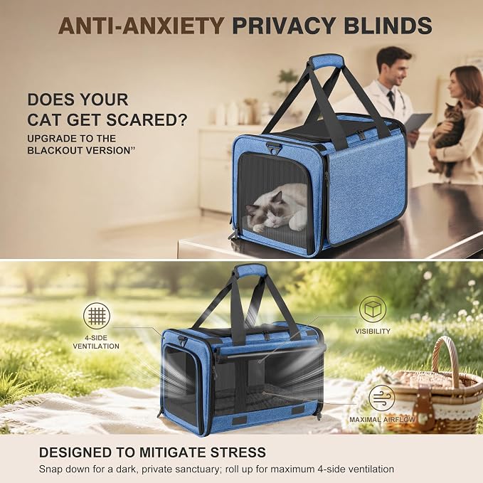Soft Sided Cat Carrier for Anxious Pets with Privacy Roller Blinds | TSA Airline Approved Dog Carrier for Small Medium Cats Dogs up to 18 lbs, Foldable Pet Travel Bag with Side Storage Pocket - Image 2