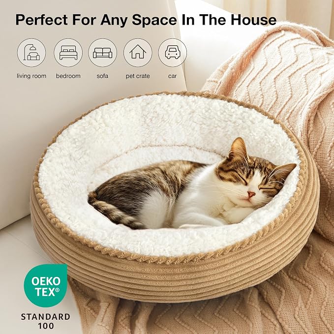 Love's cabin Round Donut Cat and Dog Cushion Bed, 20in Pet Bed for Cats or Small Dogs, Anti-Slip & Water-Resistant Bottom, Super Soft Durable Fabric Pet beds, Washable Luxury Cat Dog Bed Stripe Camel - Image 6