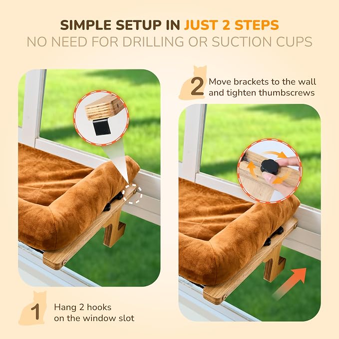 [Ready to Gift] PURRHOUSE 45LBS Cat Window Perch with Bolster, Hammock Seat with Plywood & Metal Frame, Cat Bed for Windowsill, Bedside and Cabinet (Natural Wood & Brown Cushion, 24.8''W x 9.4''H) - Image 8