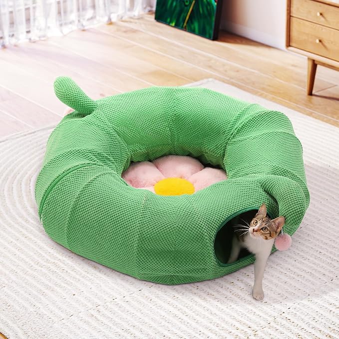 PEQULTI Flower Donut Cat Tunnel Bed Washable Plush Mat Multi for Small Pets | Round play tube with soft detachable plush mat, multi-pet toy fit indoor cats, kittens, puppies, rabbits and ferrets - Image 8