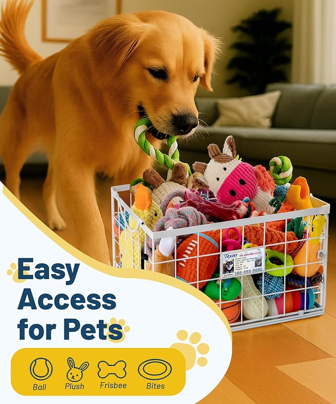 Dog Toy Basket, Dog Toy Storage Bin for Pet, Medium Toy Box for Dogs, Metal Storage Box with Handles, Toy Organizer Holder Boxes for Living Room (White) - Image 5