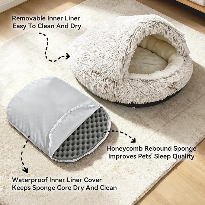 YooxArmor Round Covered Cat Bed Cave Dog Bed for Small Medium Pets,Brown,S | Cozy,Washable,Windproof,Hooded Cat Bed Cave,Self Warming Anti-Anxiety House with Fluffy Cover - Image 5