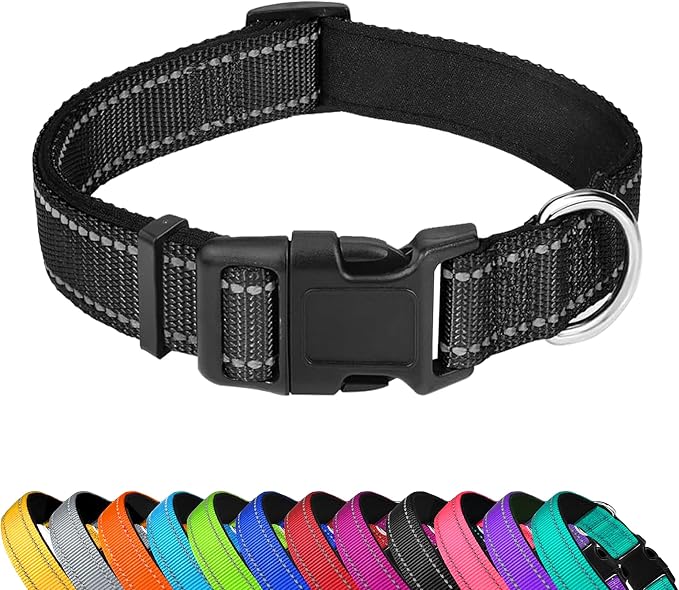 Reflective Dog Collar, Adjustable Soft Neoprene Padded,Black,L | Breathable Nylon for Large Dogs,Tear-Resistant Webbing,Chafe‑Free on Walks and Hikes,Metal D-Ring,Night Safety by PWOD