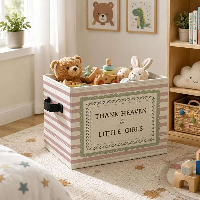 Girls Room Storage Bins Box, Heartfelt Saying Collapsible Organizer Basket | sweet soft cottage storage box basket for books clothes, pink striped organizer for nursery bedroom playroom, 10x14 in - Image 5