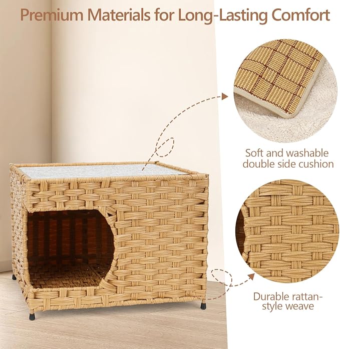 Cat House for Indoor Cats - Wicker Cat Bed with Double-Sided Soft Cushion, Decorative Handwoven Pet Bed Furniture - Image 3