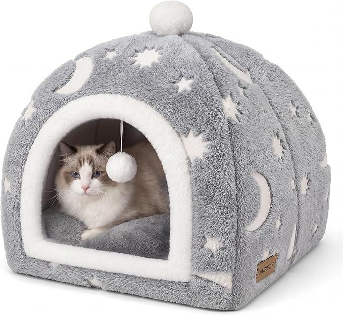 Glow in the Dark Cat Cave Bed, 2-in-1 Foldable Indoor Cat Tent Cat House | 17.3"x17.3"x18"Luminous Starry Cave with Removable Washable Cushion,Hanging Toy Ball,Non-Slip Bottom Mat for Cats Small Dogs by JIUPETY