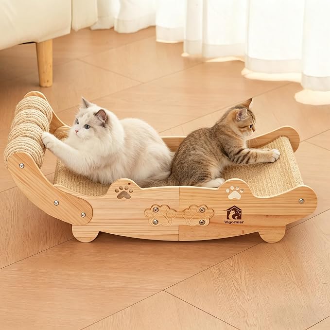 Large Sisal Cat Scratch Pad, Nartural Soild Wood Cat Scratcher Bed with Sisal Scratching Felt and 4 Balls for Indoor Cats Scratch & Lounger & Sleep (Large Size, Nature Wood) by Vigormar