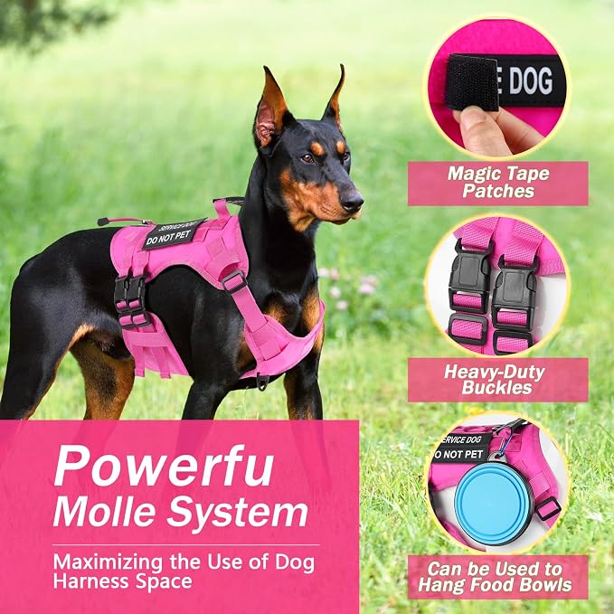 No Pull Tactical Dog Harness for Large Dogs, Service Dog Vest, XL, Pink | Tactical Dog Vest Harness and Leash Set, Adjustable Military Service Dog Harness with Handle for Medium Large Dogs - Image 3