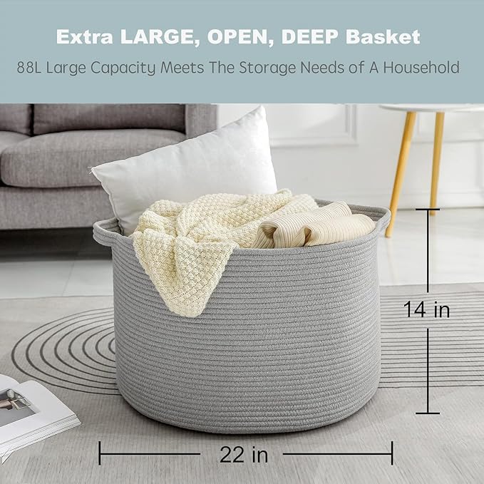MEGASKET Extra Large Grey Storage Basket, 22" X 22" X 14" XXXL Blanket Basket for Living Room, Gray Wicker Woven Cotton Rope Baskets for Storage, Kids Toy Baskets Bins, Decorative Pillow Towel Basket - Image 3