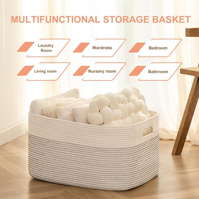 75L Large Cotton Rope Basket, Soft Toy Storage Bin for Nursery & Living Room, Decorative Blanket Basket for Bedroom, Baby-Safe Organizer for Pillows &Laundry, 22''×17''×12'', Black & White - Image 9