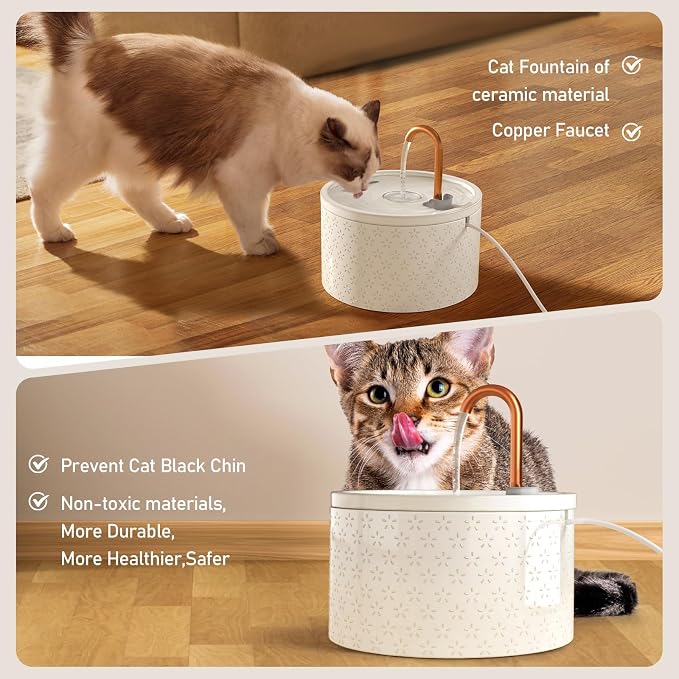 DOOOB Ceramic Cat Water Fountain, 2.1L/71oz Cat Fountain | Automatic Ceramic Water Fountain for Cats, Pet Fountain with Ultra-Quiet Pump and 3 Filters & 3 Sponges (Firework Embossed) - Image 4