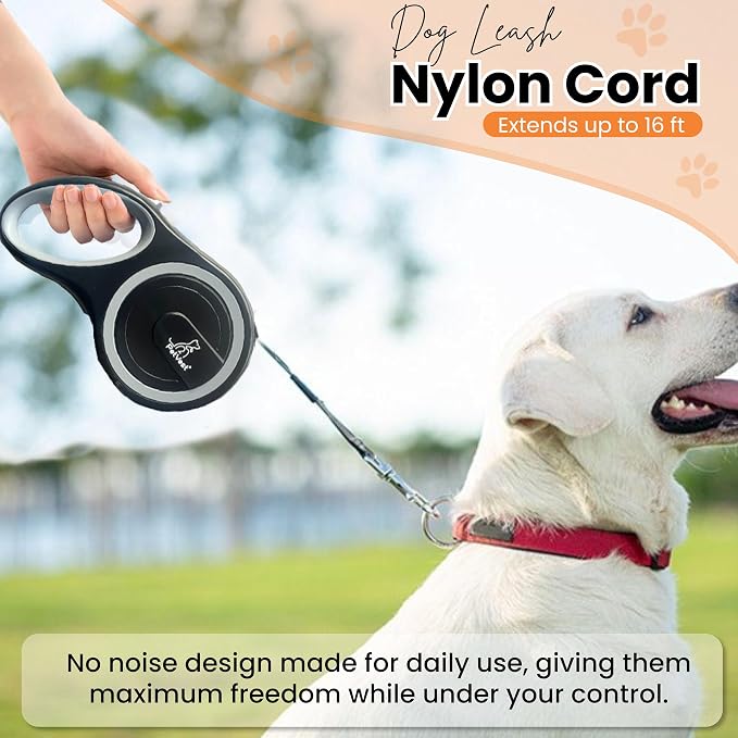 Retractable Dog Leash – Extendable up to 16 FT, Heavy Duty Nylon Tape, No-Tangle, One-Handed Brake & Lock, for Small to X-Large Dogs up to 44 lbs (Black) - Image 3