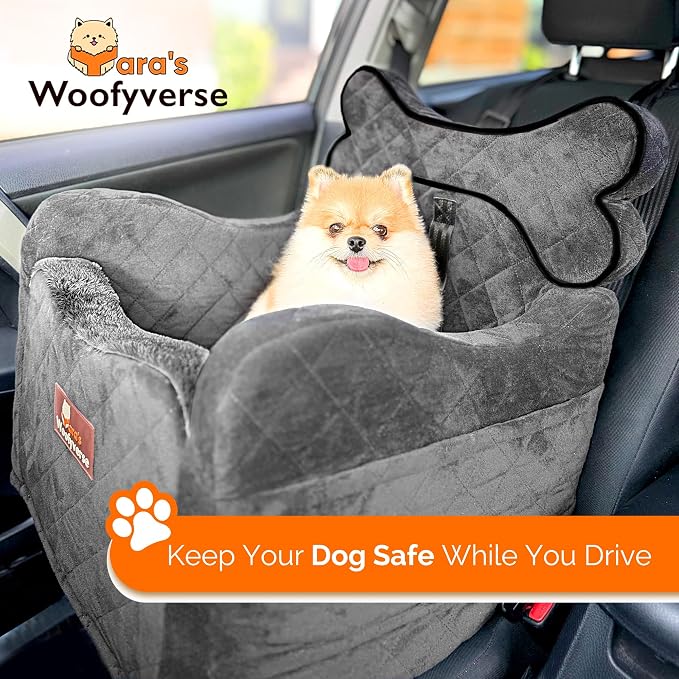 Yara’s Woofyverse Dog Car Booster Seat, Small & Medium Dogs, Stone Shadow | Fur-Lined Headrest, Adjustable Cushions, 6-Pocket Storage, Machine-Washable Cover, Portable Pet Car Seat Front/Back Travel - Image 2