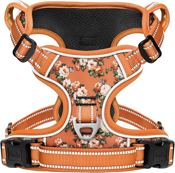 HEELE Dog Harness, No Pull Adjustable Padded Reflective Harness for Small Medium Large Dogs with Handle for Walking Training, Flower-Orange,XL | Front Clip for Large Dog Harness, 2 Metal Rings with Handle, Adjustable, Soft Breathable Padded Pet Vest fo... by HEELE
