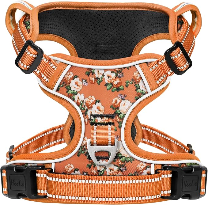 HEELE Dog Harness, No Pull Adjustable Padded Reflective Harness for Small Medium Large Dogs with Handle for Walking Training, Flower-Orange,XS | No Choke with Control Handle, Soft Breathable Padded Pet Vest, Adjustable, Reflective Front Clip Vest for N... by HEELE