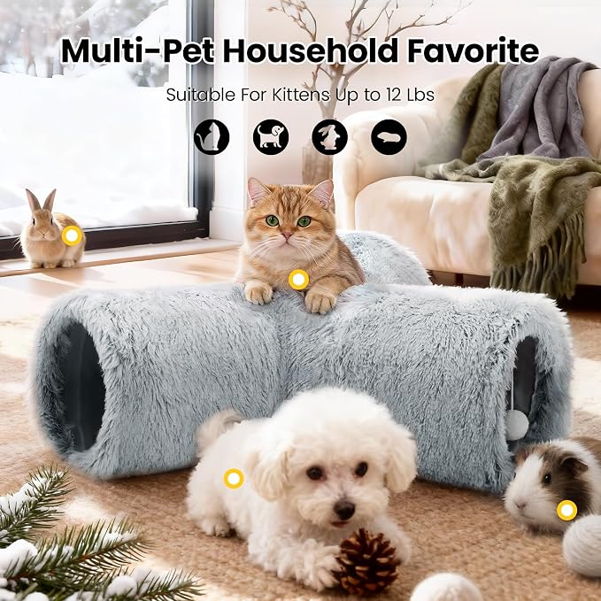 Tempcore Plush Cat Tunnel for Indoor Cats, 3 Way Collapsible Pet Play Tunnel with Teaser Wand, Peek Holes & Hanging Ball, Interactive Tube for Kittens & Rabbits, Light Grey - Image 3