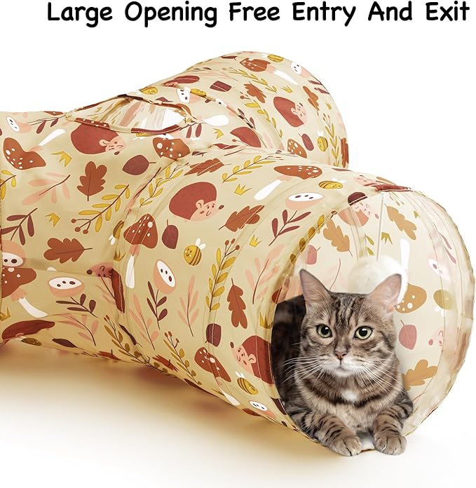 Tempcore Cat Tunnel for Indoor Cats, 3 Way Collapsible Pet Play Tunnel with Teaser Wand, Peek Holes & Hanging Ball, Interactive Tube for Kittens & Rabbits, Khaki Hedgehog - Image 3