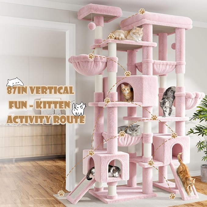 Sha Cerlin 87 in Multi-Level Tall Cat Tree Tower for Large Cats/Extra Wide Feline Activity Center/Sisal Scratching Posts/Wide Base/Cozy Plush Perches/Baskets/Hammocks/Toy Balls/Pink - Image 8