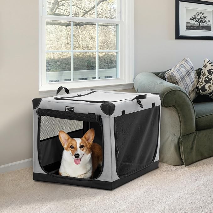 PETSFIT 30" Soft Portable Dog Crate – Patented Spiral Sturdy Frame, Collapsible Travel Kennel for Medium Dogs, 3 Mesh Door, Lockable Zippers, Indoor & Car Use Gray - Image 8
