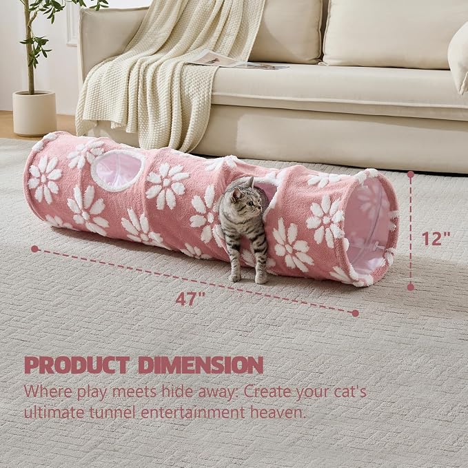 Straight Cat Tunnel for Indoor Cats 47"x12", Pink Flower | Cute Cat Toys, Collapsible Tunnel Tube with Hanging Balls for Puppy Kitten Rabbit - Image 4