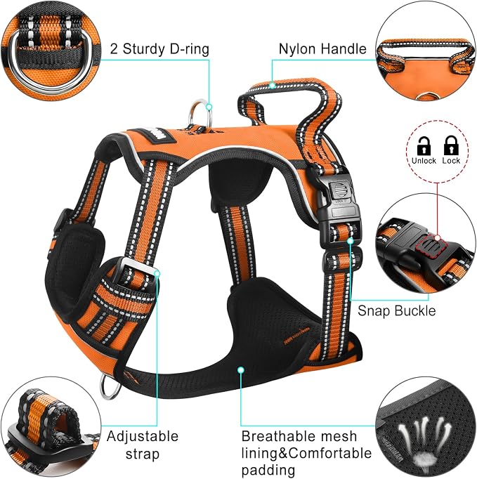 Dog Harness No Pull, Pet Harnesses with Dog Collar, Adjustable Reflective Oxford Outdoor Vest, Front/Back Leash Clips for Small, Medium, Large, Extra Large Dogs, Easy Control Handle for Walking - Image 5