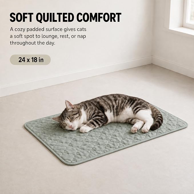2-Pack Washable Cat Litter Mats, 24 x 18 in, Sage Green/Grey | Absorbent quilted layers with PU barrier, paw-print silicone grip, 2 pockets and 6 empty cotton pouches; catnip not included. - Image 4