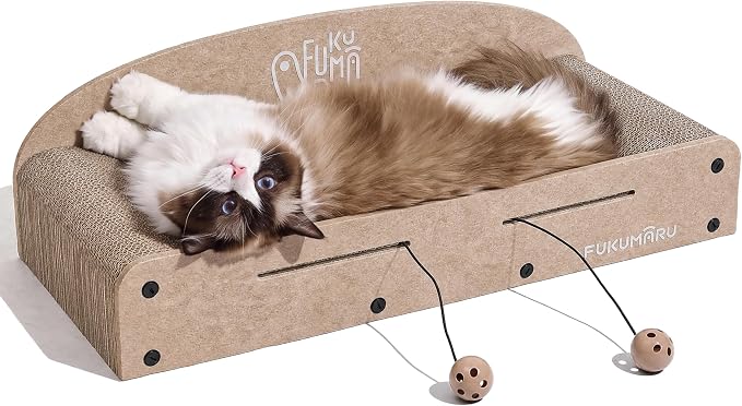 FUKUMARU Large Cat Scratcher Bed, 26 Inch Cat Scratching Bed Sofa Indoor | Cardboard Cat Scratcher with 2 Reversible Scratch Pad Refills, Durable Large Cat Scratching Lounger with Ball Toy, Beige by FUKUMARU