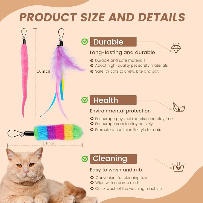 Interactive Cat Toys Replacement Tails Accessories for Cat Ball, 10Pcs | Feather, Worm, Plush Attachments, With Bells, Fun and Engaging, Soft and Safe, Multiple Colors and Styles, Easy to Attach - Image 2
