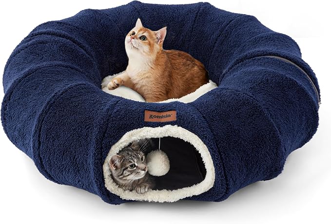 ZOMISIA Cat Tunnel Bed for Indoor Cats, Cute Cat Donut Toy Tunnel for Small Large Cats with Washable Circle Cushion, Peekaboo Pet Cave Play Tunnel for Kitten, Puppy, Navy Blue by Zomisia