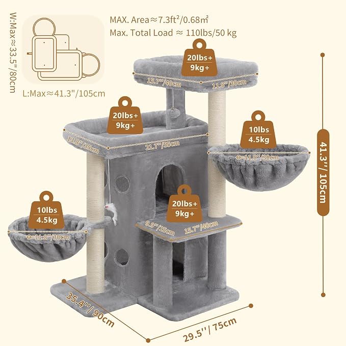 Heybly Cat Tree with Reinforced Big Base, 41.3 in Sturdy Cat Tower HCT075W | Indoor Cat Furniture Featuring 2 Roomy Platforms, Double Condos, 2 Cozy Baskets, Full Sisal Scratching Posts, Light Gray - Image 6
