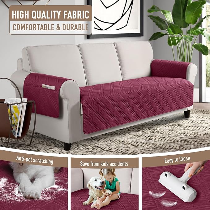 TAOCOCO Waterproof Couch Covers for Dogs, Non Slip Pet Sofa Cover, 3 Seater | Washable Couch Seat Covers with Arms for 3 Cushion Couch, Dog Couch Cover Protector, Pockets & Backless Design, Wine - Image 4