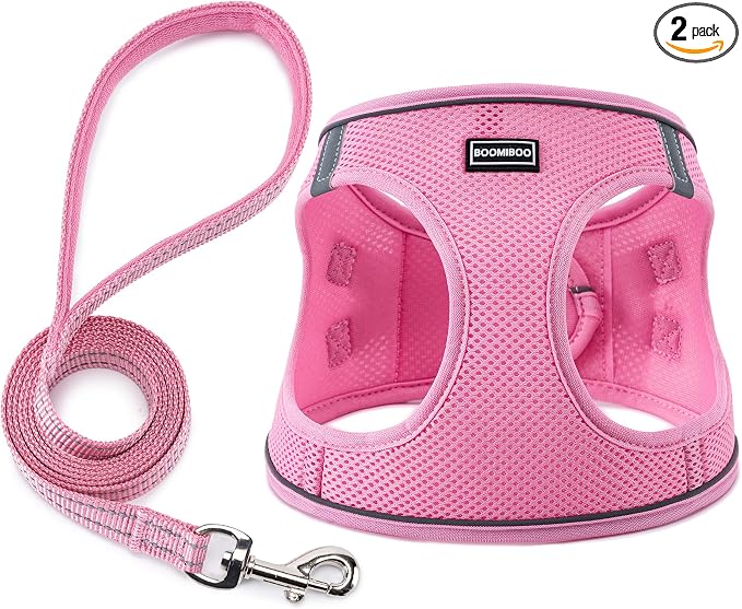BOOMIBOO Dog Harness with Leash Set, No Pull Adjustable Reflective Step-in Puppy Pet Vest Harnesses for Small Medium Large Dogs and Cats,Pink XS | Lightweight Breathable Air Mesh, Night Safety Reflective by BOOMIBOO