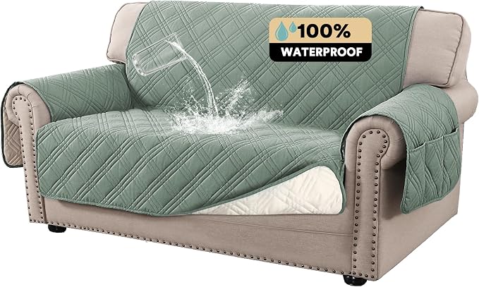 PrinceDeco 100% Waterproof Loveseat Covers for 2 Cushion Couch Sofa Covers Waterproof and Washable Sofa Slipcover with Side Pocket Furniture Protector with Elastic Straps(Loveseat 48", Lily Pad) by PrinceDeco