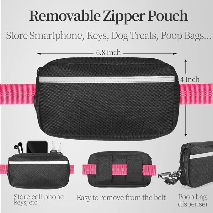 Hands Free Dog Leash with Zipper Pouch, Large, 25-120 lbs, Pink | Waist Leash, Dual Padded Handles, Shock-Absorbing Bungee, Adjustable Waist Belt, Walking and Running - Image 2