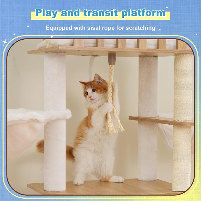 Hey-brother Wooden Cat Tree, Furniture Tower with Large Platforms, MPJ121BT | 69.7 inch, Modern Full Sisal Scratching Posts, Hammocks, Spacious Condo, Ladder, Brush, Water Proof Surface, White Oak - Image 4
