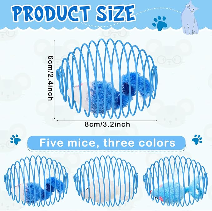 Jecery 5 Pcs Cat Toys Spring,Mouse,Blue White | Interactive Metal Cat Toy, Stretchable Rolling Ball, for Indoor Cats, Colorful Playful Coils, Kitten Pet Supplies - Image 2