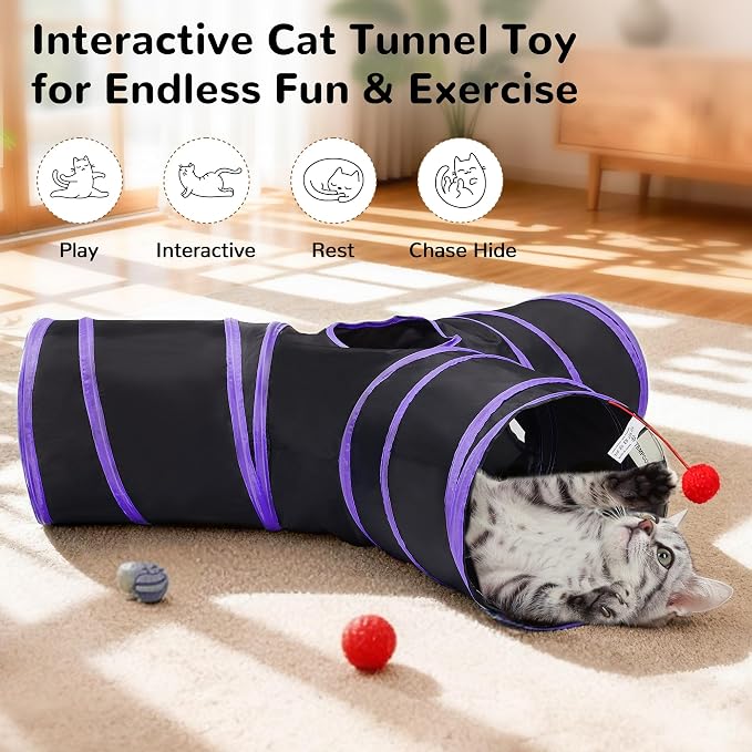 Tempcore Cat Tunnel for Indoor Cats, 3 Way Collapsible Pet Play Tunnel with Teaser Wand, Peek Holes & Hanging Ball, Interactive Tube for Kittens & Rabbits, Black & Purple - Image 3