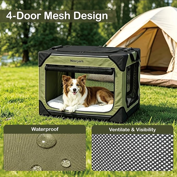 42" L Collapsible Dog Crate for Extra Large Dogs, XL Soft Pet Crate with 4-Door Mesh, Portable Dog Kennel for Travelling, Green - Image 6