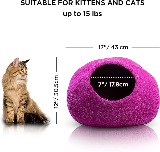 Luxurious Merino Wool Cat Cave - Foldable Hideaway Pod for Indoor Cats - Premium Felt Kitten Pet Enclosure - Covered Cat House for Ultimate Cozy Comfort by Woolygon (Purple Plain) - Image 2