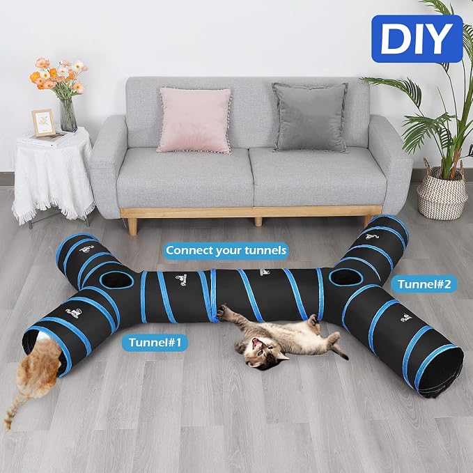 Pawaboo Cat Tunnel Tube 3-Way Tunnels, Blue, 25x53cm | Extensible Collapsible, Cat Play Tent Interactive Toy Maze, Cat House Bed, With Balls and Bells - Image 3