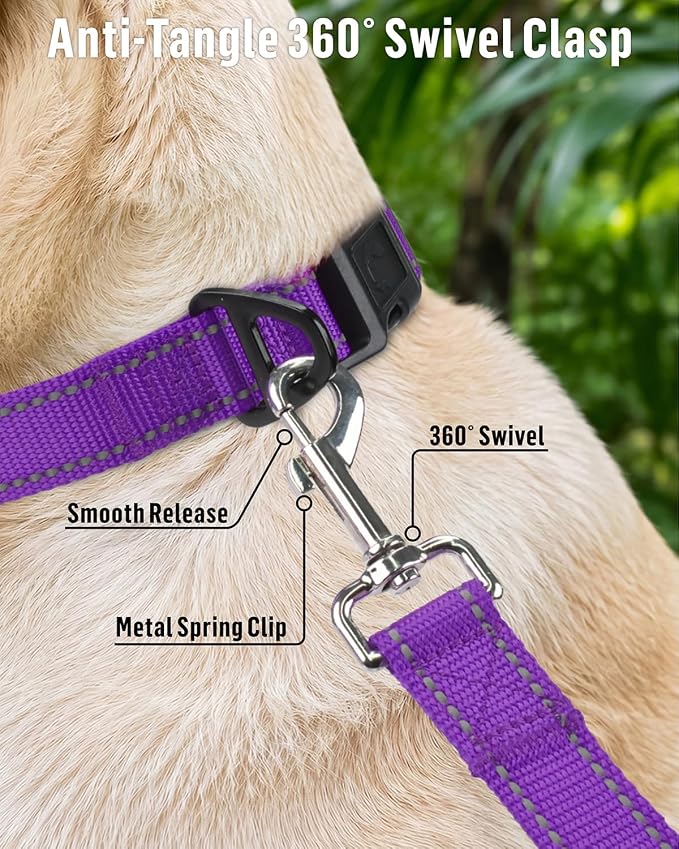 FunTags Reflective Nylon Dog Leash for Medium & Large Dogs, 6FT for Walks | Comfortable Padded Grip, Stay Safe at Night, 360° Anti-Tangle Swivel, for Dog Parks & Trails, Purple - Image 4