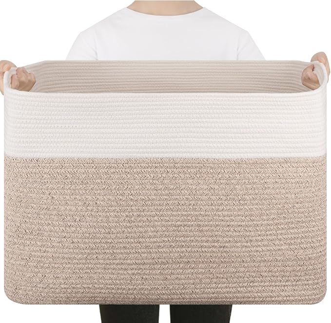 96L XL Large Cotton Rope Basket, Soft Toy Storage Bin for Nursery & Living Room, Decorative Blanket Basket for Bedroom, Baby-Safe Organizer for Pillows &Laundry, 24''×16''×15'', Brown & White by SIXDOVE