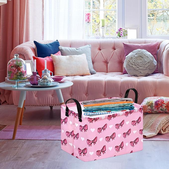 Storage Basket Home Shelf Basket Kids Organizer Box Clothes Laundry Hamper Nursery Bin Gift Laundry Basket with Handles Pink Bowknot Pattern for Home - Image 4