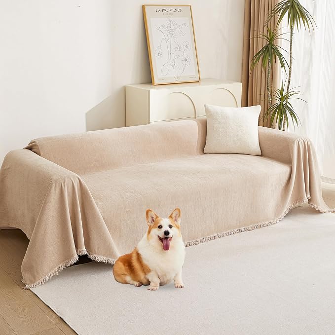 MYSKY HOME Chenille Couch Covers for Sectional Sofa, Couch Cover for Dogs, Washable Sofa Cover, Soft Furniture Protector, Sofa Covers for Futon, Loveseat, Cushion Cover with Tassel, 71"x 102", Khaki by MYSKYHOME