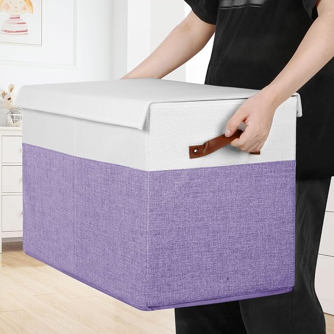 Large Toy Storage Box with Lid, Toy Chest Bin Boxes Basket with Dividers | Sturdy Toy Organizer Bin for Kids, Boys, Girls, Nursery, Living Room, Bedroom, Playroom 25"x13" x16" (Purple and White) - Image 3