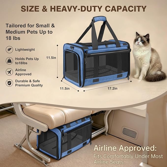 Soft Sided Cat Carrier for Anxious Pets with Privacy Roller Blinds | TSA Airline Approved Dog Carrier for Small Medium Cats Dogs up to 18 lbs, Foldable Pet Travel Bag with Side Storage Pocket - Image 4
